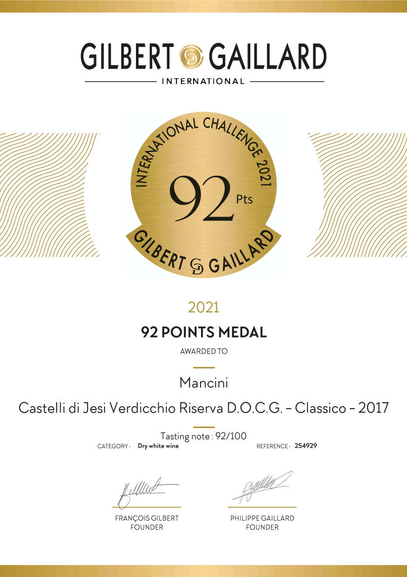 Mancini Vini: Diploma in inglese Medaglia d'Oro Gilbert & Gaillard 2021 Verdicchio Castelli di Jesi